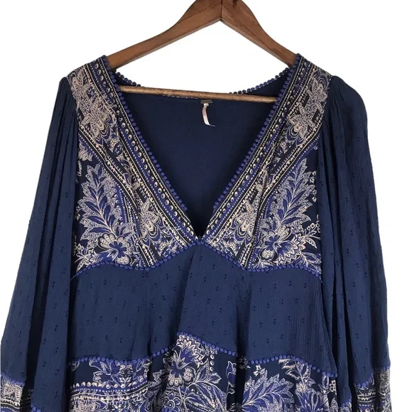 Free People My Love Mini Dress Sz Small S Indigo Blue Pom Pom Paisley Boho Chic - Picture 8 of 15